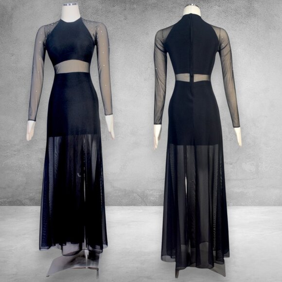 Cache Vintage 90s Black Mesh Evening Gown Maxi Dress Long Sleeves XS - Picture 1 of 10